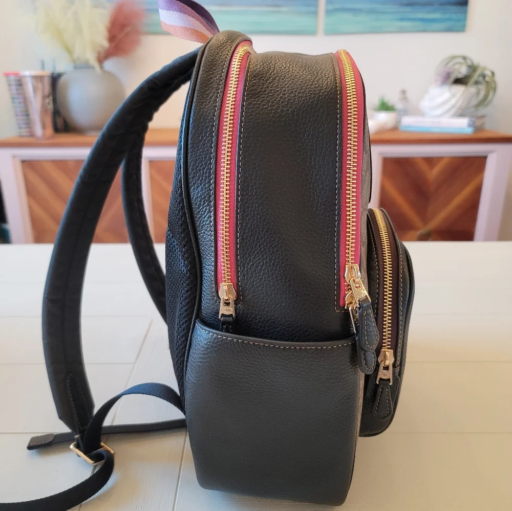 Coach Signature Brown Tan Backpack with Pink Trim and Purple Accent